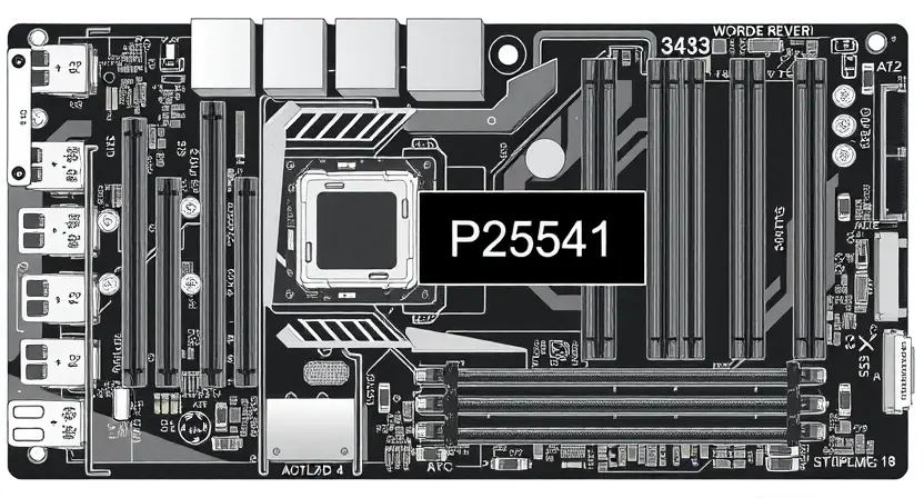 A detailed schematic diagram illustrating a computer motherboard with a highlighted P2541 error code indicator. Focus on the components related to power delivery and chipset. Include subtle visual cues suggesting a power supply issue, such as slightly dimmed components or faint electrical arcs. The overall aesthetic should be clean and technical, resembling a professional repair manual illustration.