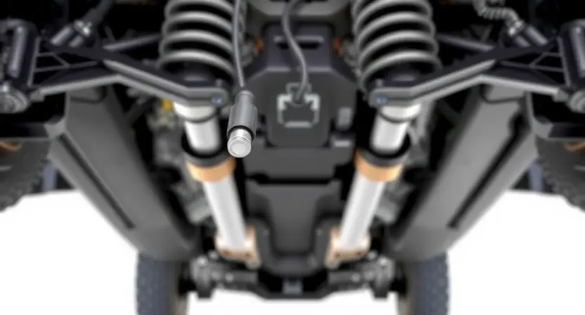 A close-up, detailed illustration of a car's suspension system, specifically highlighting the longitudinal acceleration sensor. The sensor should be clearly visible, connected to the suspension components. The background should be a slightly blurred view of the car's chassis. Focus on the sensor's physical appearance and its connection points. The overall lighting should be bright and even, emphasizing the mechanical details.