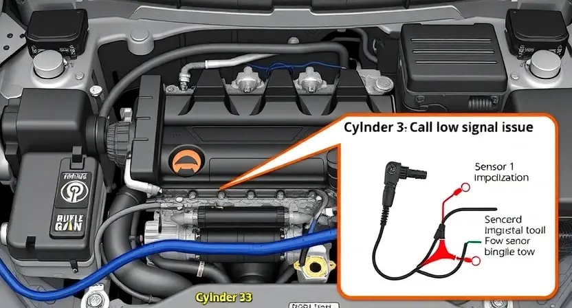 A detailed illustration of an engine bay with a focus on the cylinder #3. Show a visual representation of a low signal issue, perhaps with a highlighted sensor or wiring. Include diagnostic tools and a schematic diagram of the engine.