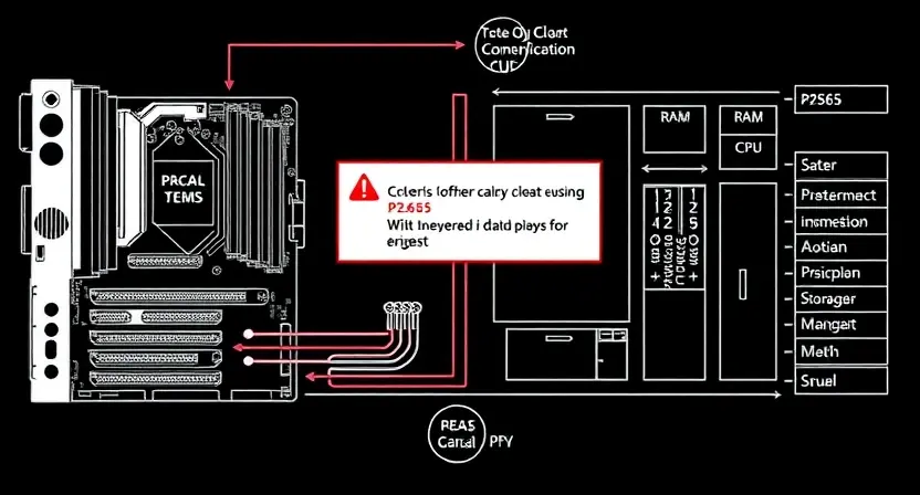 A detailed schematic diagram illustrating a computer system with a highlighted P2565 error. The diagram should show components like the motherboard, CPU, RAM, and storage, with arrows indicating data flow. The P2565 error should be visually represented as a red warning symbol or highlighted area on the schematic.