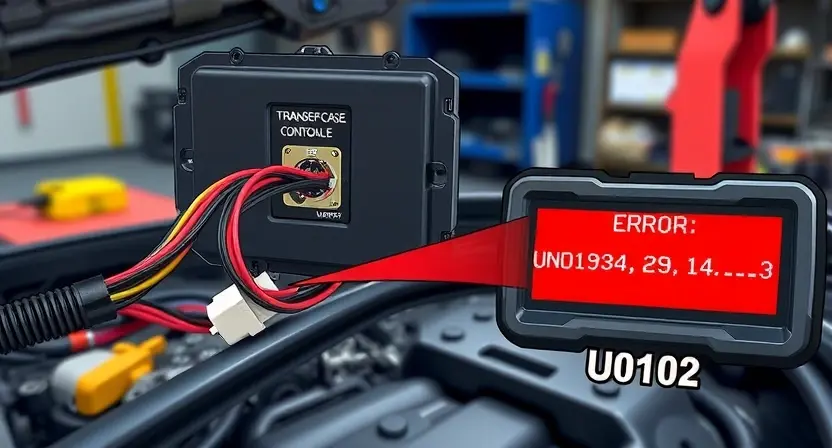 A detailed technical illustration of a vehicle's transfer case control module with a broken communication link, showing disconnected wiring harness and error code U0102 displayed on a diagnostic scanner screen, set against a blurred automotive workshop background with tools and vehicle chassis visible, emphasizing the loss of communication between the transfer case control module and the vehicle's network, in a clean, professional, high-detail engineering diagram style