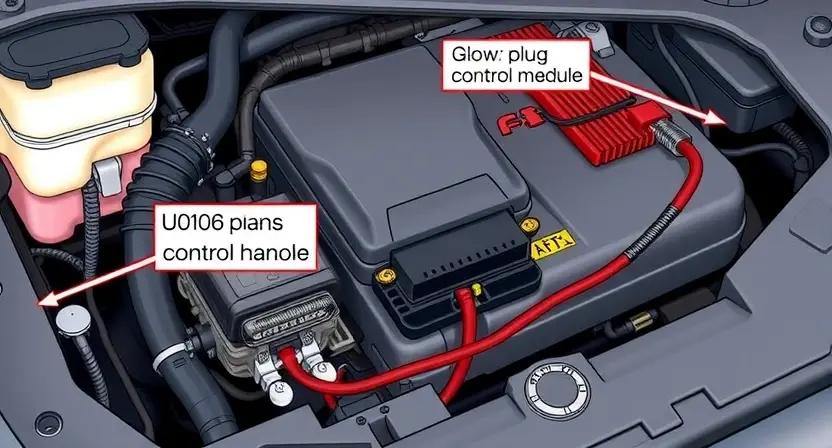 A close-up illustration of a car engine bay, focusing on the engine control unit (ECU) and wiring harness connected to the glow plug control module. The image should highlight the electrical connections and components related to the U0106 error code. Use a clean, technical illustration style.