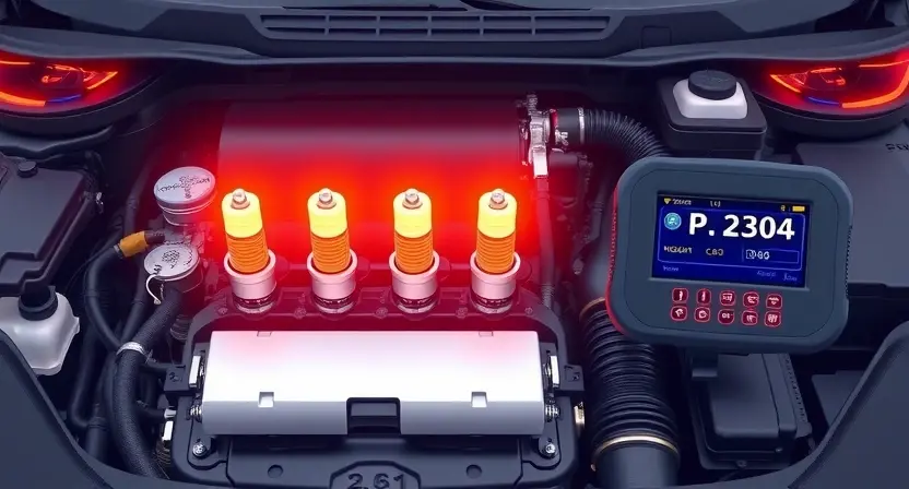 A high-quality technical illustration showing a modern car engine with highlighted ignition system components, glowing spark plugs, and a diagnostic scanner displaying error code P2304, clean background, no text or numbers on image
