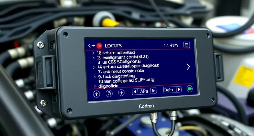 A close-up, detailed illustration of an engine control unit (ECU) with highlighted sensor connections and diagnostic codes displayed on a screen. The background should be a clean, modern automotive workshop setting. Focus on the technical aspects of the ECU and its connection to the vehicle's systems.