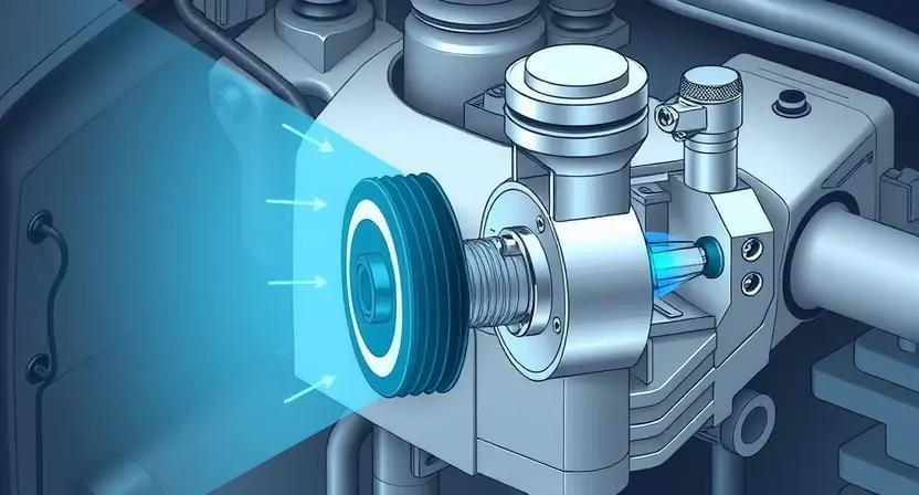 A detailed technical illustration of an air suspension compressor in a vehicle, showing its internal components such as piston, cylinder, air intake valve, exhaust valve, and cooling fins, with arrows indicating airflow and heat buildup, set against a clean automotive engineering background with subtle blue and gray tones to emphasize thermal stress and mechanical function