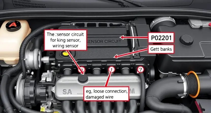 A detailed illustration of an automotive engine bay, focusing on the sensor circuit for Bank 1. Include a visual representation of the sensor, wiring harness, and potential causes of the P0220 error (e.g., loose connection, damaged wire). The engine should be partially visible, showing a modern car engine.
