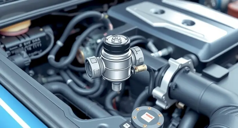 A detailed, high-quality illustration of a car's engine compartment, focusing on the solenoid valve for pressure control. The solenoid should be clearly visible, with wiring and hoses connected. The background should be slightly blurred to emphasize the solenoid.