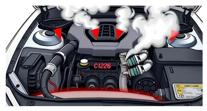 A detailed illustration depicting an automotive engine overheating, with visible steam and warning lights. The engine bay should show signs of heat damage, such as discoloration. Include a visual representation of the C1226 error code displayed on a dashboard.