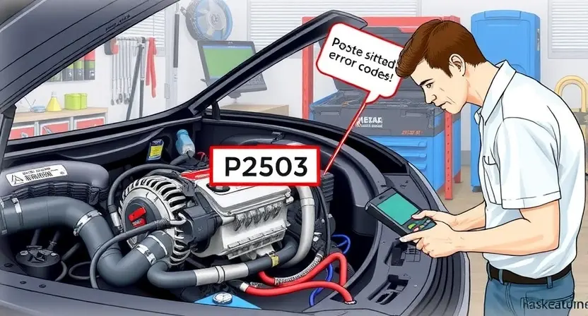A detailed illustration of a car's charging system, including the battery, alternator, and related components, with a focus on the diagnostic process. The image should depict a mechanic using a diagnostic tool to check for error codes, specifically highlighting the P2503 code. The scene should be set in a well-lit garage with various automotive tools and equipment in the background.