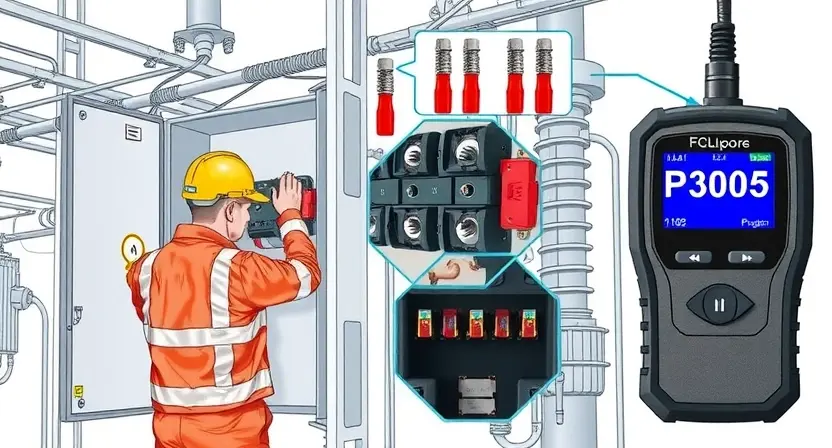 A detailed illustration of a high-voltage system with a focus on the fuse box area. Show a technician in safety gear inspecting the system, with a close-up of a blown fuse being replaced. Include visual indicators of the error code P3005, such as a diagnostic tool displaying the code on a screen.