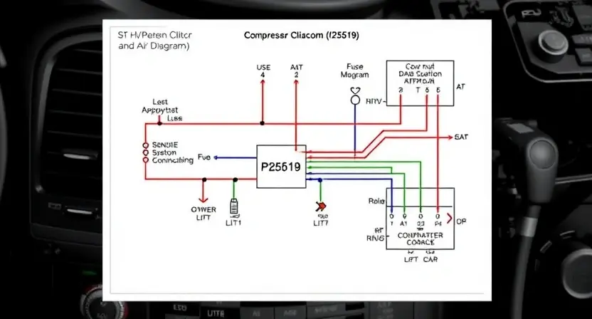 A detailed schematic diagram of a car's HVAC (Heating, Ventilation, and Air Conditioning) system, highlighting the circuit related to the compressor clutch and the associated control module. Focus on the wiring connections, fuses, relays, and sensors involved in the 'P2519' error code. The diagram should be clean, well-organized, and easy to understand, with clear labels for each component.