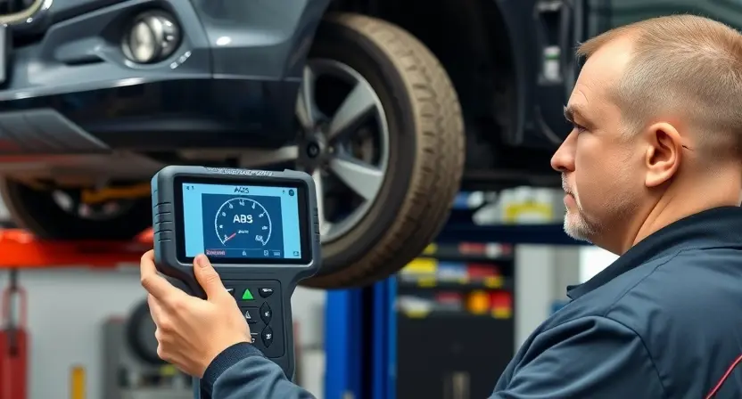 A mechanic using a diagnostic scanner to check the ABS system in a car. The car is raised on a lift, and the mechanic is focused on the dashboard display of the scanner. The background shows a garage setting with tools and equipment. Focus on the scanner interface and the car's wheel area.