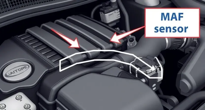 A close-up illustration of a car's engine bay, highlighting the mass airflow sensor (MAF sensor). The sensor should be clearly visible, with arrows pointing to its location and connections. Include a simplified diagram showing airflow entering the engine and being measured by the MAF sensor. The overall scene should be clean and informative, focusing on the sensor's role in engine performance.