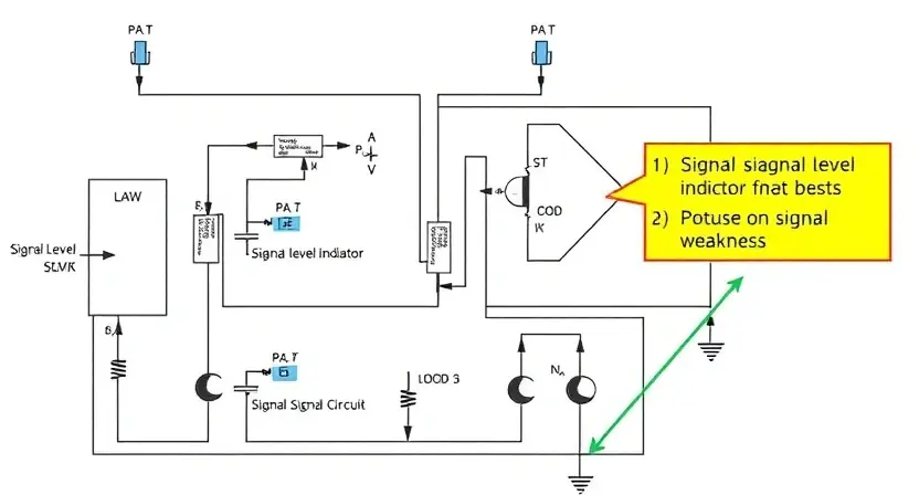 A detailed schematic diagram of an electrical control circuit, highlighting a signal level indicator and a potential cause of signal weakness. The diagram should include components like sensors, actuators, and a control unit. Focus on visual representation of signal flow and potential points of failure.