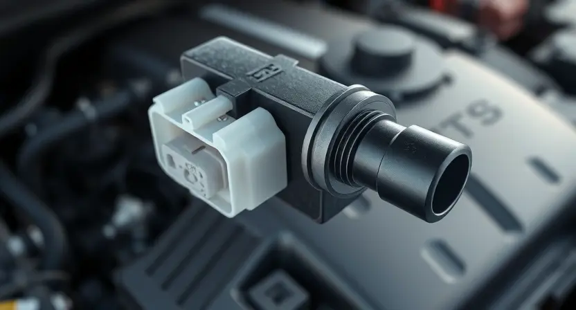 A close-up, detailed illustration of a car's throttle position sensor (TPS). The sensor should be clearly visible, showing its electrical connector and physical components. In the background, subtly depict a car engine bay with other components blurred to maintain focus on the TPS. The overall lighting should be bright and even, highlighting the sensor's details.