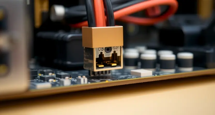 A close-up, detailed image of a computer motherboard with a highlighted power connector and cable. Focus on the connection point, showing the internal components and wiring. The background should be blurred to emphasize the connection.