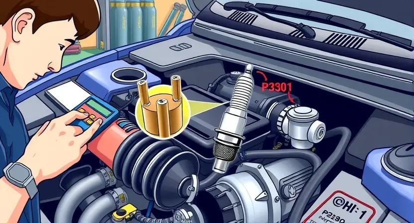 A detailed illustration of a car engine with a highlighted ignition coil and spark plug, showing the components involved in the P2301 error code. The image should depict a mechanic using a diagnostic tool to scan the engine, with a focus on the ignition system. The scene should include a well-lit workshop setting with various automotive tools and parts in the background.