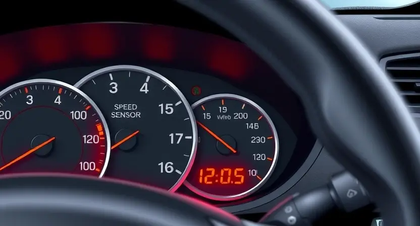 A detailed illustration of a car's dashboard with a warning light illuminated indicating a speed sensor issue. Focus on the dashboard elements, including the warning light, speedometer, and other gauges. The background should be a slightly blurred view of the car's interior.