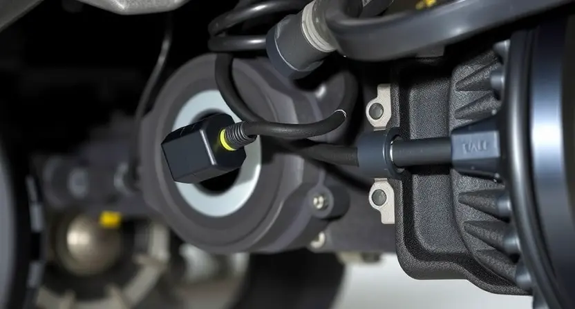 A close-up, detailed photograph of a car's rear axle and related wiring harness. The focus should be on the right-side sensor and its connection points. The image should clearly show the sensor itself, the wiring leading to it, and any nearby components like the differential housing. The overall lighting should be bright and even to highlight the details.