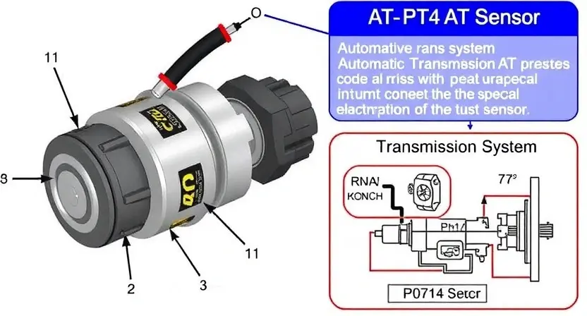 A detailed illustration of an automatic transmission (AT) sensor, highlighting its components and connections. Include a visual representation of the P0714 error code and a schematic diagram showing the sensor's function within the transmission system. Focus on clarity and technical accuracy.