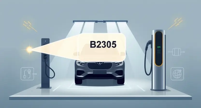 A high-quality technical illustration showing a modern electric vehicle charging station with a highlighted blind spot detection module, displaying error code B2305, surrounded by subtle electric fault symbols like sparks and circuit diagrams, clean background, professional lighting