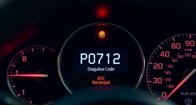 A detailed illustration of a car's dashboard with the check engine light illuminated. Focus on the diagnostic trouble code (DTC) display showing 'P0712'. The background should be slightly blurred to emphasize the dashboard.