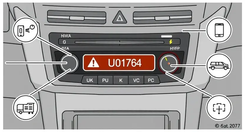 A technical illustration showing a vehicle's HVAC control module with a warning indicator highlighting an error code U0164, surrounded by schematic symbols of communication lines and fault icons, clean technical diagram style