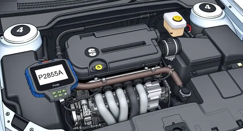 A detailed illustration of an automotive engine bay with a diagnostic tool connected to the engine's computer. The engine should be partially disassembled to reveal the relevant components. A visual representation of the P285A error code should be displayed on a screen or digital display within the engine bay. Focus on technical accuracy and clarity.