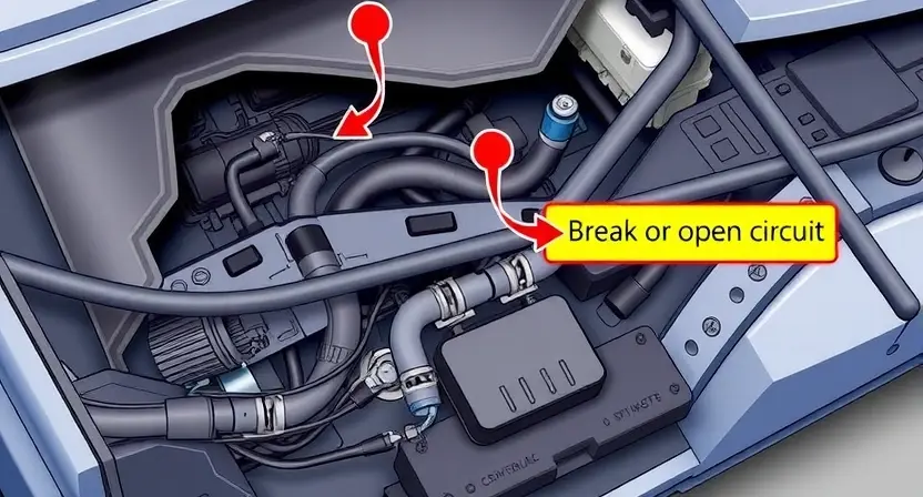 A detailed illustration of a car's wiring harness with a CAN bus cable highlighted, showing a break or open circuit. Include visual cues indicating a fault, such as a broken wire or a disconnected connector. The background should be a clean, technical environment.
