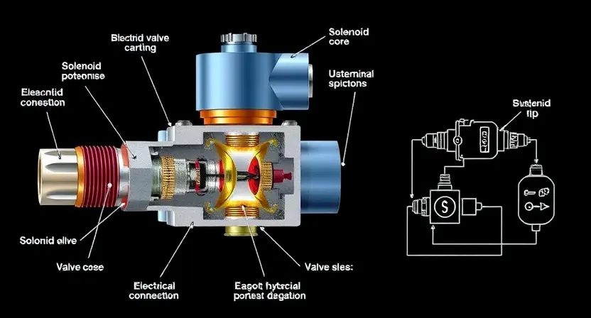 A detailed illustration of a solenoid valve, highlighting its internal components like the coil, solenoid core, and valve mechanism. The image should showcase the valve's construction and potential points of failure. Include a schematic diagram illustrating the electrical connection and operation of the solenoid.
