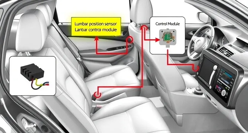 A detailed illustration of a car's electrical system, highlighting the circuit of the lumbar position sensor. Show the sensor's location in the car seat, the wiring connected to it, and the control module it communicates with. Depict the car's interior with the seat and dashboard visible, emphasizing the electrical connections and components involved in the lumbar position sensor circuit.