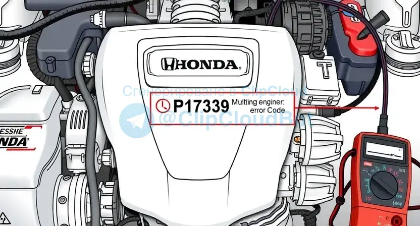 A detailed illustration of a Honda engine with a P1739 error code highlighted. The engine should be shown from a slightly angled front view, with diagnostic tools and a multimeter nearby. The background should be a clean, technical workshop environment.