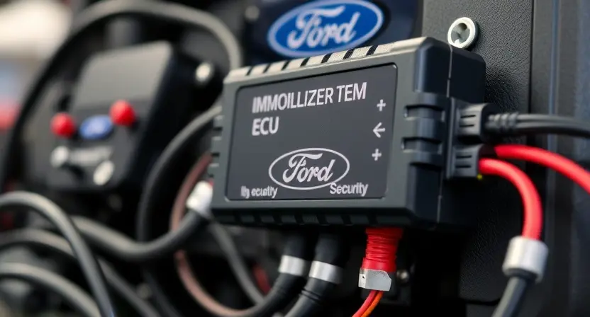 A close-up, detailed image of a Ford vehicle's immobilizer system components, highlighting the security features. Focus on the electronic control unit (ECU) and related wiring. The background should be blurred, suggesting a workshop environment. The image should convey a sense of technological sophistication and security.
