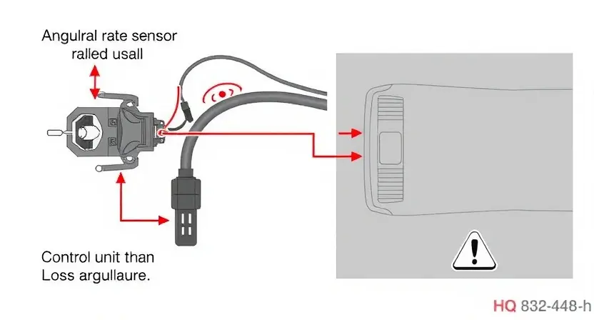 A high-quality technical illustration showing a vehicle's angular rate sensor and its connection to a control unit, with visual cues like signal lines, error indicators, and a warning icon representing loss of communication, rendered in the style "HQ-832-448-h"