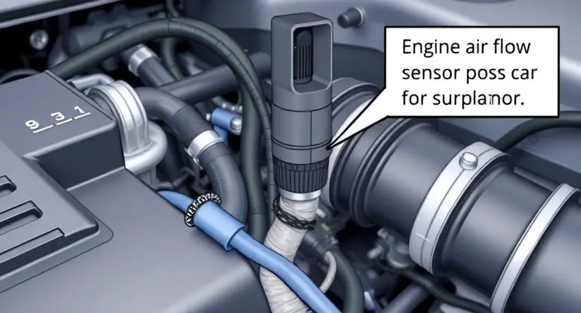 A detailed illustration of a car's engine bay, highlighting the mass airflow sensor (MAF sensor) and its connection to the engine control unit (ECU). The sensor should be clearly visible, with wires and hoses around it. The background should be slightly blurred to emphasize the sensor.