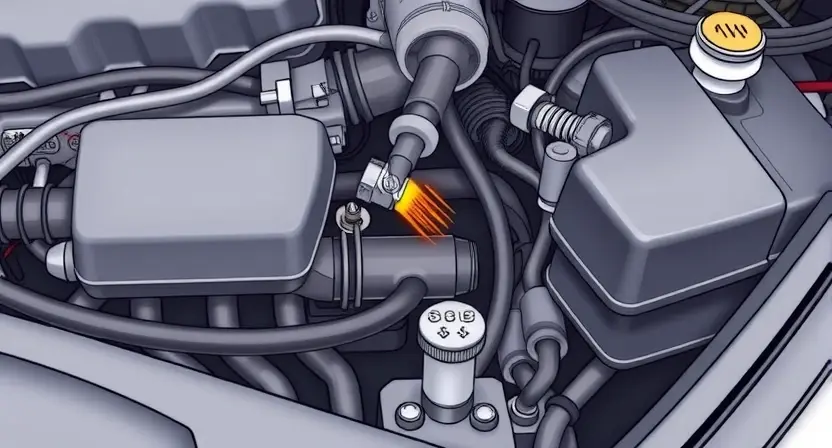 A detailed illustration of a car engine bay, focusing on the location of the coolant temperature sensor. The sensor should be clearly visible, along with the surrounding hoses and engine components. Include a subtle visual representation of the sensor's function – perhaps a faint heat gradient emanating from it. The overall image should convey a sense of technical precision and clarity, suitable for a diagnostic guide.