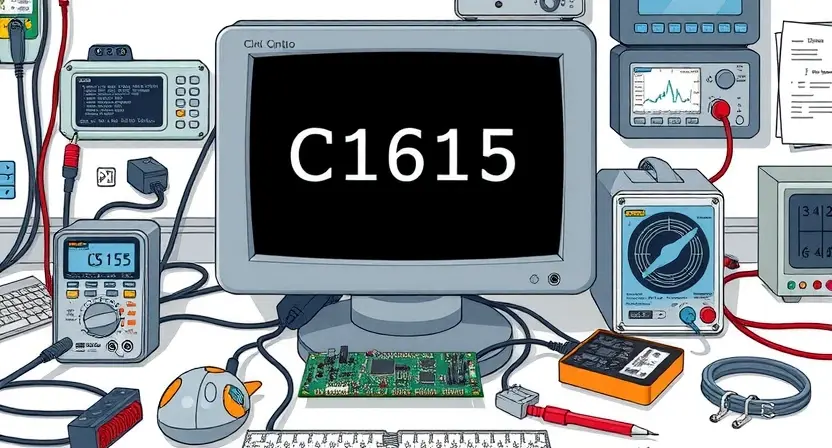 A detailed technical illustration of a computer or electronic device displaying the error code C1615 on its screen. The device should be surrounded by various diagnostic tools and components such as a multimeter, circuit board, and cables, indicating a troubleshooting scenario. The background should be a clean, professional workspace with a focus on the technical aspects.