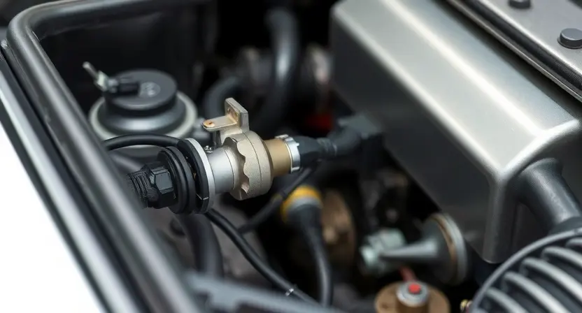 A close-up, detailed image of a car's engine bay, specifically focusing on the oxygen sensor and associated wiring. The sensor should be clearly visible, along with the wiring harness connected to it. The background should show other engine components, but the oxygen sensor should be the central focus. The lighting should be bright and even to highlight the details.