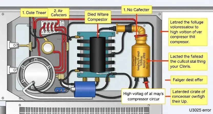 A detailed illustration of a high-voltage compressor circuit in an air conditioner, showing the components like capacitors, diodes, and wiring. Focus on the internal workings and potential failure points related to U3025 errors.