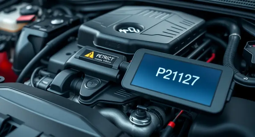 A close-up, detailed illustration of a car engine with a highlighted P2127 error code displayed on a digital dashboard screen. Focus on the engine components and the dashboard display. The background should be blurred to emphasize the engine and the error code.