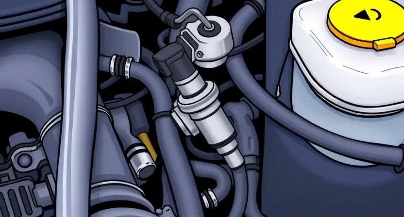 A close-up, detailed illustration of a car engine bay, focusing on the coolant temperature sensor. The sensor should be clearly visible, along with nearby hoses and wiring. The overall scene should convey a sense of automotive mechanics and diagnostics.