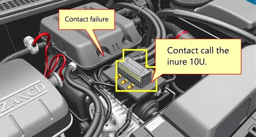 A high-quality technical illustration showing a car engine with highlighted electrical connectors and wiring, emphasizing a contact failure in the system, clean and detailed, no text or numbers visible