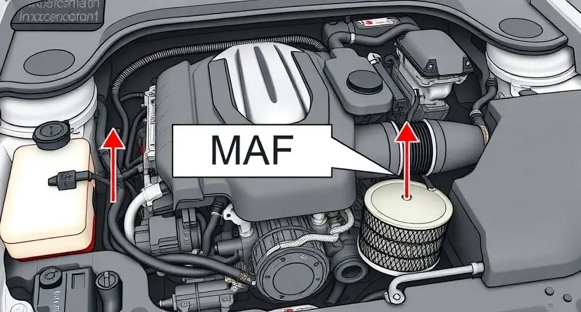 A detailed illustration of an automotive engine bay with a focus on the Mass Air Flow (MAF) sensor. The MAF sensor should be clearly visible, along with related components like the intake manifold, air filter, and engine control unit (ECU). The engine should be depicted in a realistic, slightly angled perspective, showcasing the complexity of the system.