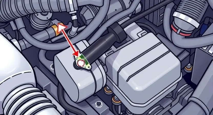 A detailed illustration depicting a car engine bay with a focus on the fuel injector sensor. The sensor should be clearly visible, connected to wiring, and surrounded by other engine components like hoses, wires, and the engine block. The image should show a potential issue with the sensor, perhaps with a slightly discolored or damaged connector.