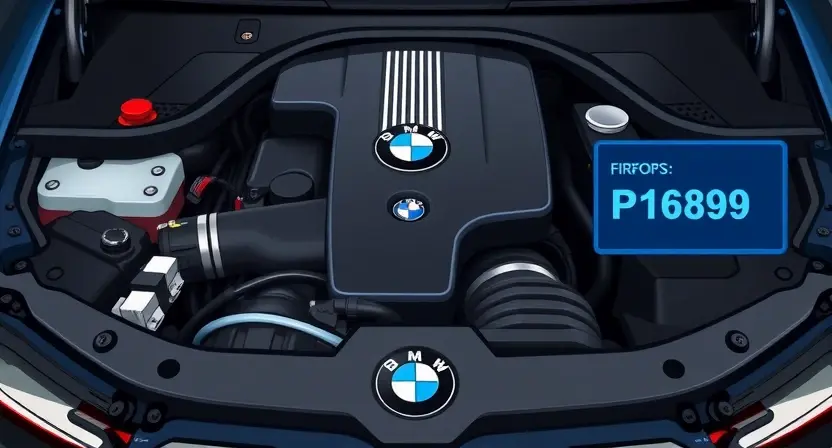 A detailed illustration of a BMW car engine bay with a highlighted P1689 error code displayed on a diagnostic screen. The engine should be well-lit, showcasing various components.