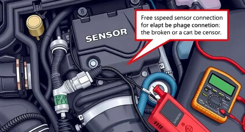 A detailed illustration of a car engine bay with a focus on the speed sensor circuit. Show wires, connectors, and the sensor itself. Highlight a potential issue with a broken or intermittent connection. Include diagnostic tools like a multimeter near the sensor.