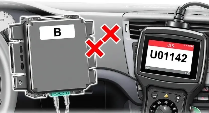 A detailed technical illustration of a vehicle's body control module labeled 'B' with a broken communication link symbol (such as a red X or interrupted wire) between it and other vehicle systems, set against a car interior or dashboard background, emphasizing the U0142 error code displayed on a diagnostic scan tool screen nearby