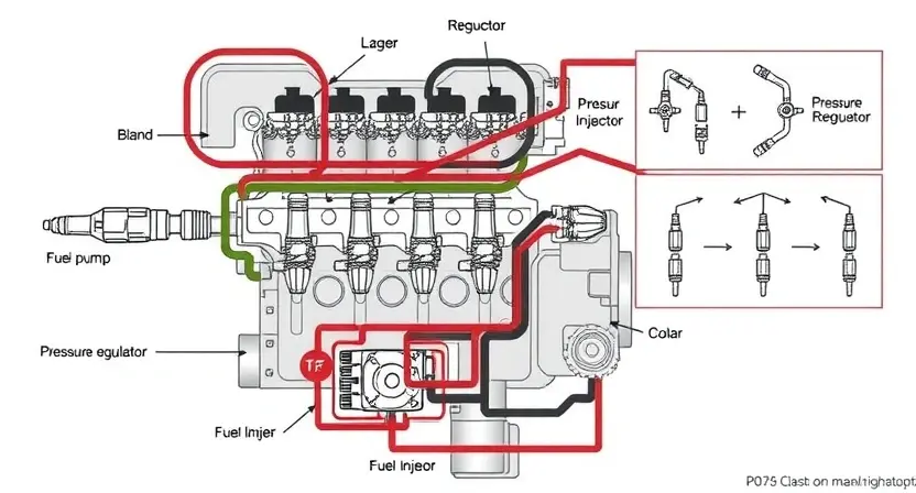 A detailed illustration of a fuel injection system (TНВД) with a focus on the components relevant to the P0256 error code. Include diagrams showing fuel injectors, fuel pump, and pressure regulator. The image should clearly depict the system's function and potential points of failure related to the error.