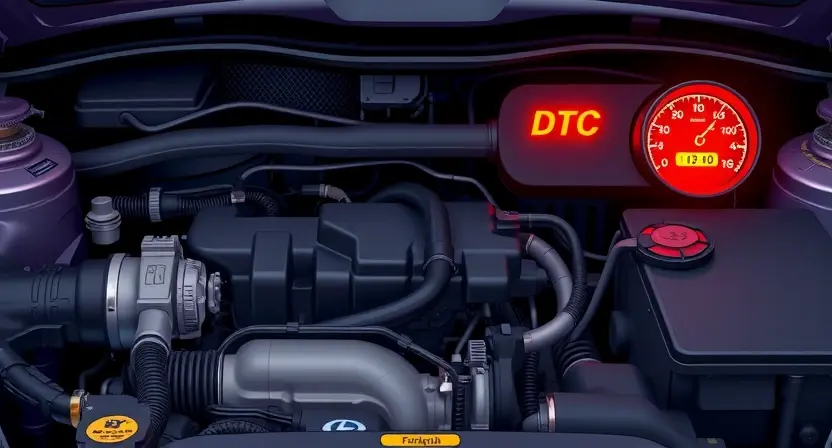 A detailed illustration of an automotive engine bay with a diagnostic trouble code (DTC) light illuminated on the dashboard. Focus on the engine components, wiring, and the DTC light. The image should convey a sense of technical detail and automotive repair.