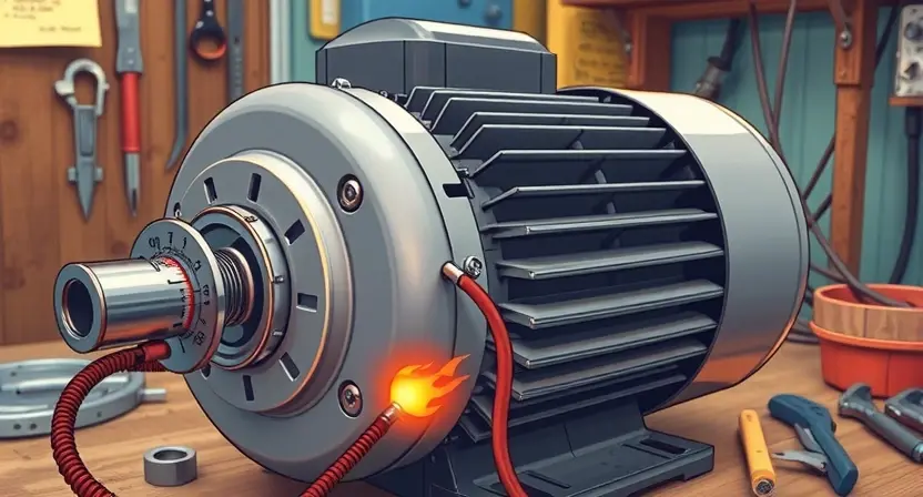 A detailed illustration of an electric motor with a temperature gauge showing an overheating warning. The motor should be depicted in a workshop setting, with tools and equipment visible in the background. Focus on the visual representation of the overheating issue, emphasizing the temperature gauge and potential damage.